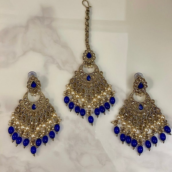 Royal blue kundan earrings and tikka set