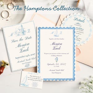 Modèle sur toile de lot de mariage The Hamptons Collection | Bordure côtière de pétoncles pour voiliers | Bleu azur marine | Date d'enregistrement Détails RSVP Inviter