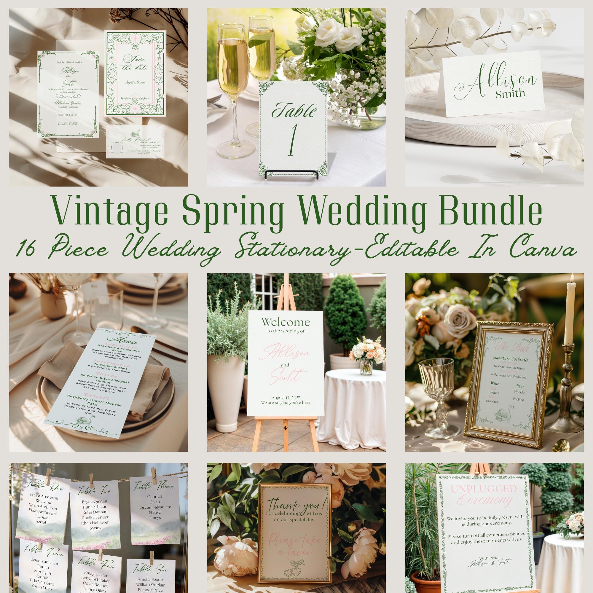 Vintage Spring Wedding Bundle Canva Template | Welcome Sign, Seating ...