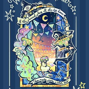 Puede incluir: Ilustración colorida con el texto "NEW!! Witch Hat Atelier" y "STANDEE!". La obra presenta un diseño temático de brujas con personajes, estrellas y la frase "If the ground glows all the way home". El fondo es azul oscuro con rayas verticales.