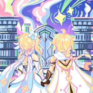 May include: Two figures with blonde hair and white clothing stand back to back in front of a large, ornate gate. They are looking out at a city skyline with tall buildings and a swirling, colorful sky.  A shooting star streaks across the sky.