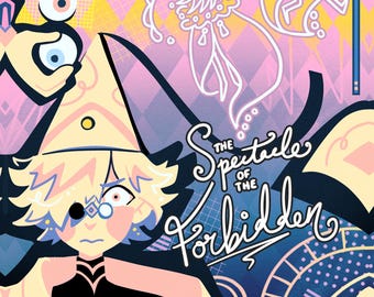 Może przedstawiać: Ilustracja z tekstem "The Spectacle of the Forbidden". Grafika przedstawia postać w kapeluszu czarodzieja na tle żółtego, różowego i niebieskiego tła. Postać ma monokl i czarny strój.