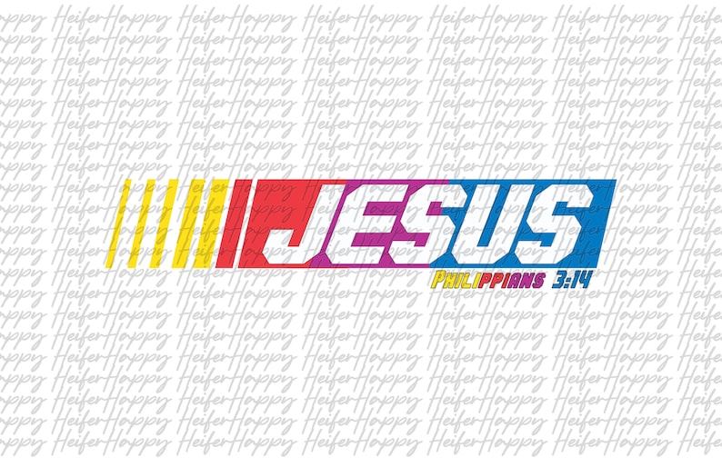 Puede incluir: Un gr&aacute;fico blanco con la palabra "JESUS" en letras blancas grandes sobre un fondo colorido de amarillo, rojo, morado y azul. El texto "Filipenses 3:14" est&aacute; escrito en letras blancas m&aacute;s peque&ntilde;as debajo de la palabra "JESUS".