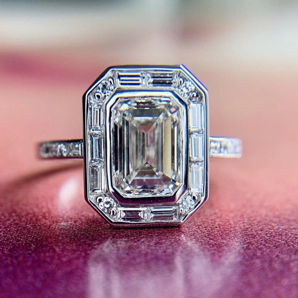 Art Deco Emerald Moissanite Engagement Bezel Ring 14K White Gold Vintage  Baguette & Round 7*9 MM Moissanite Halo Wedding Anniversary Ring