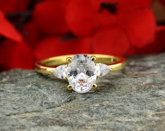 1.90 TCW Crushed Ice Oval Cut Colorless Moissanite Engagement Ring | Three Stone Wedding Ring | Unique Anniversary Ring | Haley Bieber Ring