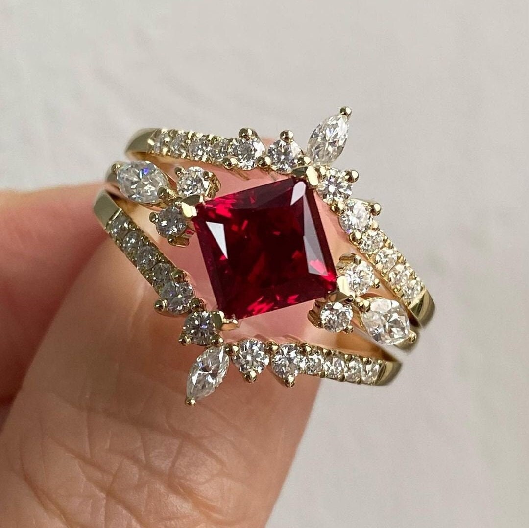 Art Deco Simulate Ruby Engagement Ring Set 14K Yellow Gold Enhancer ...