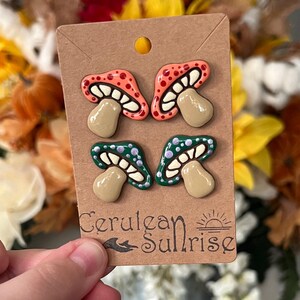 Fall Themed - “Mushrooms in the Garden” - Polymer Clay Stud Earrings - UV Resin Gloss