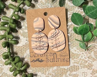Floral Themed - “Marble Meadow” - Floral Stud-Drop Polymer Clay Earrings - Large Size