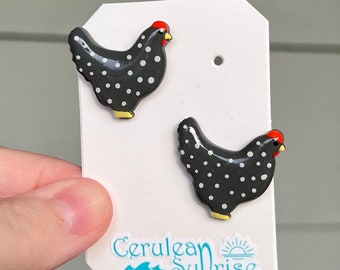 California Gray Chickens - Hand Painted - Polymer Clay Stud Earrings - Lightweight - UV Resin Coated - Medium/Large Size