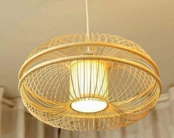 Bamboo Pendant Light, Lamp Wooden Pendant Weaving Bamboo Hanging Lampshade Retro Living Room Lighting