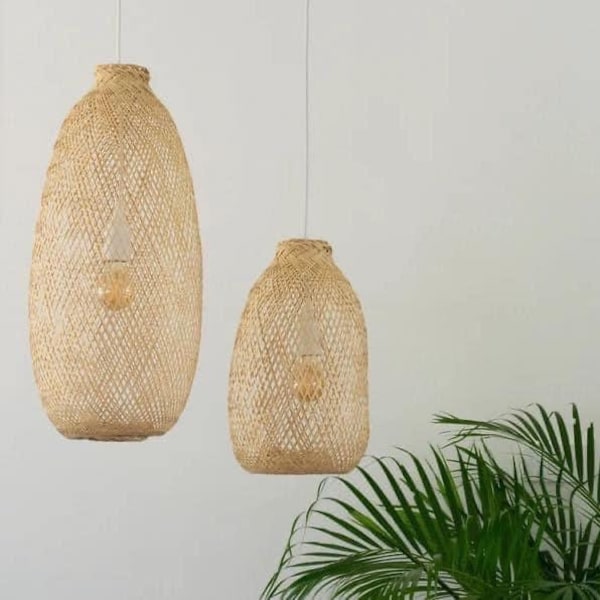 Flexible Bamboo Pendant Light, Lamp Wooden Pendant Weaving Bamboo Hanging Lampshade Retro Living Room Lighting