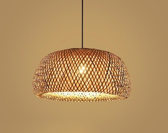 LAMPSHADE - Handmade bamboo lampshade, Lamp Wooden Pendant Weaving Bamboo Hanging Lampshade Retro Living Room Lighting