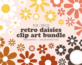 Daisy Clipart PNG SVG EPS, Retro Daisy svg Bundle, Boho Flower Clip Art, Daisy Vector Clipart, Flower Power Clipart Bundle, Boho Daisies