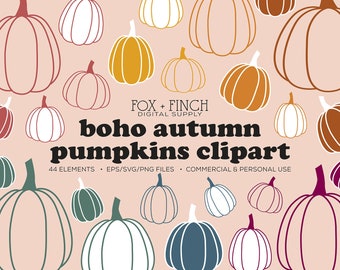 Boho Pumpkin Clipart Commercial Use SVG PNG EPS - Pumpkin Vectors - Fall Pumpkins Clipart Bundle - Autumn Clip Art Commercial - Boho Fall