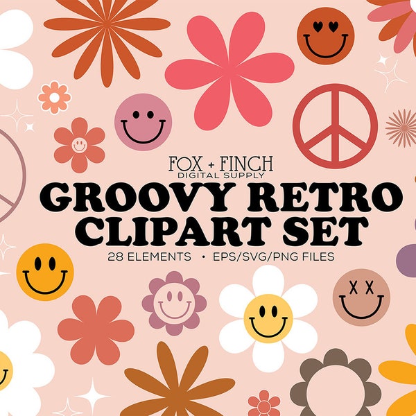 Boho Hippie Clipart Commercial Use - Retro Clipart Set - Boho Hippie svg - PNG SVG EPS - Groovy Vector Art - Daisy Smiley Face Peace Sign