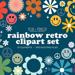 Retro SVG Clipart Bundle - Smiley Face Vector Clip Art Commercial License - Boho Summer Clipart Set - Groovy Flower Power Clipart - EPS PNG