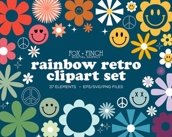 Retro SVG Clipart Bundle - Smiley Face Vector Clip Art Commercial License - Boho Summer Clipart Set - Groovy Flower Power Clipart - EPS PNG
