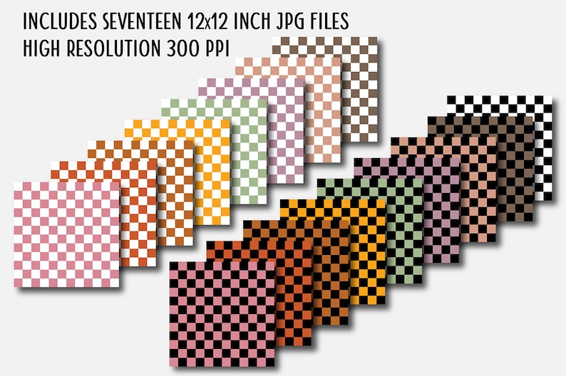 Op de afbeelding: Zeventien 12x12 inch (30,48 x 30,48 cm) JPG-bestanden met een hoge resolutie van 300 PPI. De bestanden tonen dambordpatronen in verschillende kleuren, waaronder roze, oranje, geel, groen en bruin. De tekst luidt: "INCLUDES SEVENTEEN 12x12 INCH JPG FILES HIGH RESOLUTION 300 PPI."