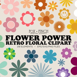 Flower Power Clipart SVG EPS PNG - Retro bloem vectoren commercieel gebruik - 60s 70s bloemen illustraties - Hippie Boho svg - Groovy Flowers png