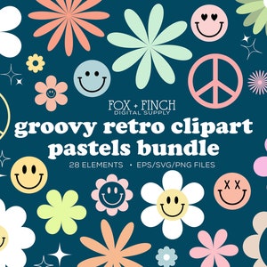 Retro Clipart Uso Comercial - Pastel Retro - Boho Hippie SVG PNG EPS Clip Art - Retro Vector Art Commerical - Groovy Clipart Bund