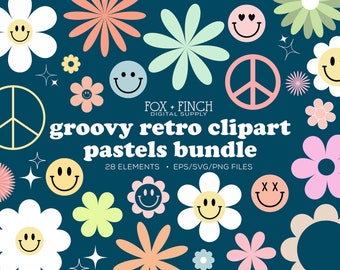 Retro Clipart Commercial Use - Pastel Retro - Boho Hippie SVG PNG EPS Clip Art - Retro Vector Art Commerical - Groovy Clipart Bund
