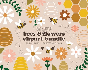 Bees Clipart PNG SVG EPS Commercial Use - Boho Flowers Bees Clip Art Bundle - Bees and Flowers svg Clipart - Honey Bees png svg eps Vector