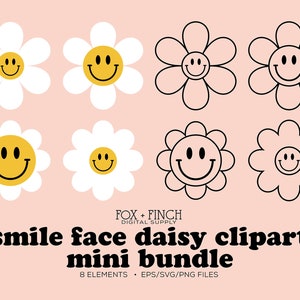 Smile Face Daisy Clipart Uso comercial - Smile Face SVG PNG EPS - Smile Face Vectors - Retro Hippie Boho Smiley Daisies - Daisy Smile