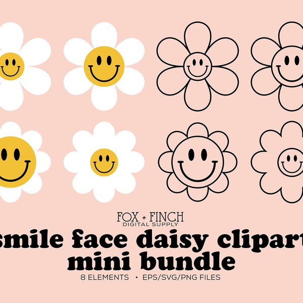 Smile Face Daisy Clipart Commercial Use - Smile Face SVG PNG EPS - Smile Face Vectors - Retro Hippie Boho Smiley Daisies - Daisy Smile