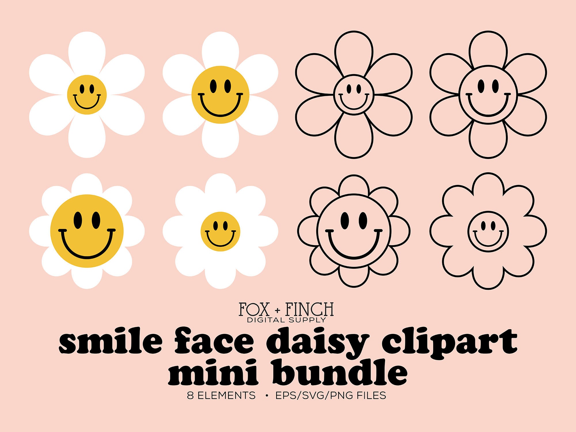 Smile Face Daisy Clipart Commercial Use - Smile Face SVG PNG EPS - Smile Face Vectors - Retro Hippie Boho Smiley Daisies - Daisy Smile