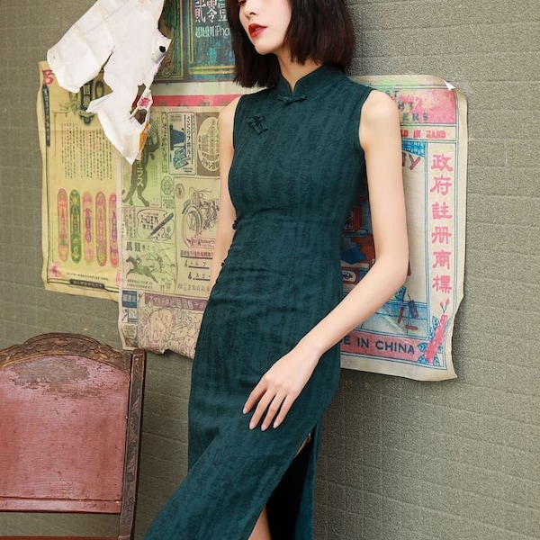 Dark Green Sleeveless Qipao Dress, Madrain Collar Bodycon Dress for Daily Wear, Comfy Cotton Linen Retro Cheongsam, Customized Chinese Gift