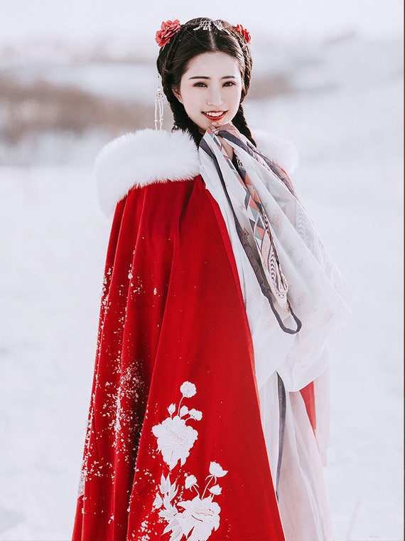 Oriental Red Hanfu Cloak W/ Cap Winter Outside Cape for | Etsy