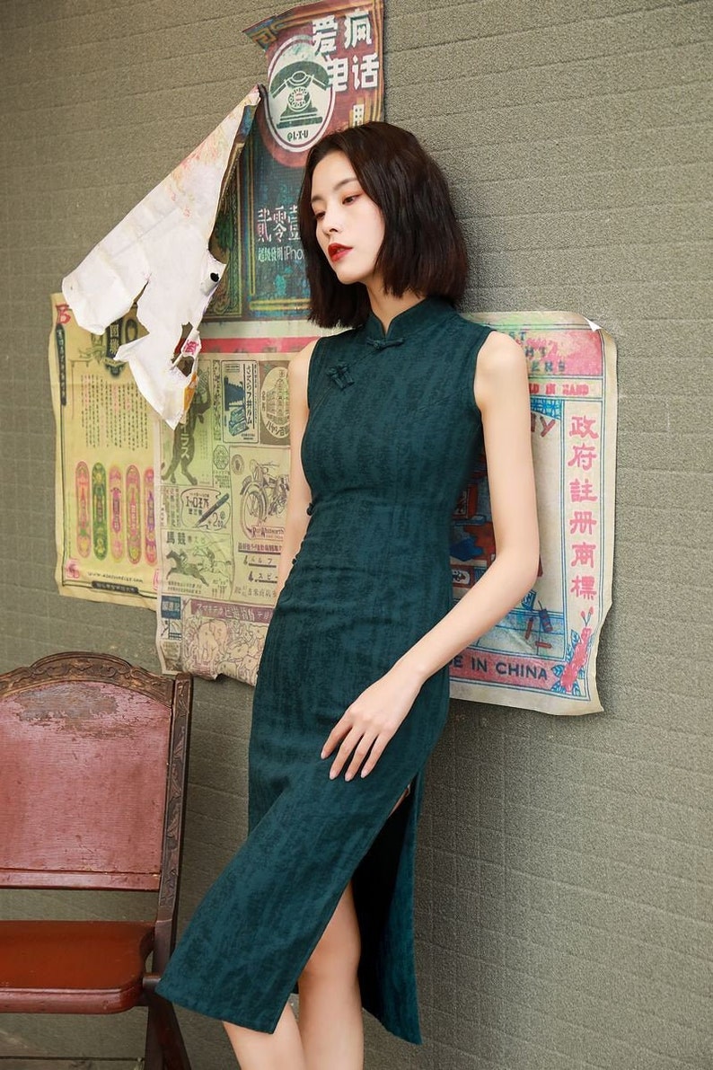 Dark Green Sleeveless Qipao Dress Madrain Collar Bodycon Etsy