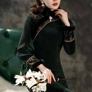 Chinese Old Shanghai Long Cheongsam,Custom Qipao,Autumn And Winter Add Velvet And Thick Long Sleeve Elegant Cheongsam