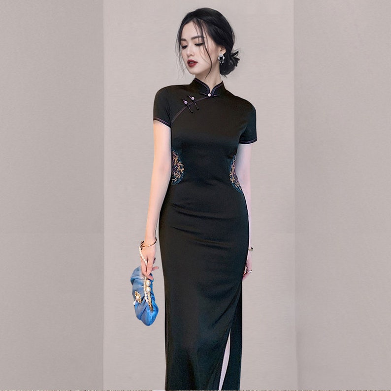 Mandarin Collar Split Bodycon Dress, Short Sleeve Satiny Summer Qipao, Black Retro Vintage Cheongsam, Evening Sexy Gown for Prom, Party 