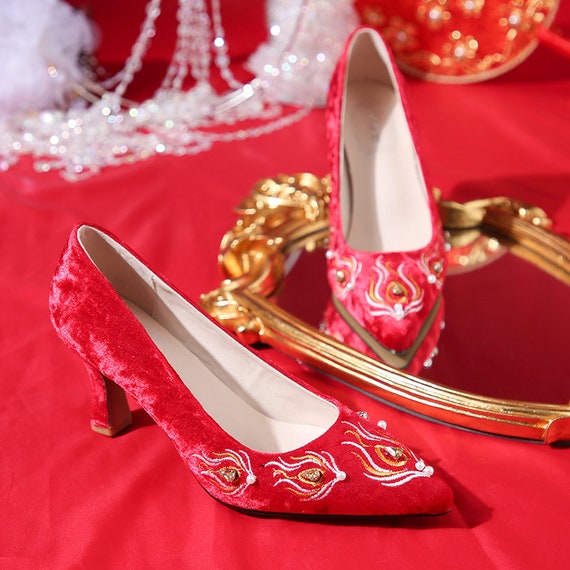Mia Wedges | Classy Red Occasion Footwear with Zari Handwork – aroundalways