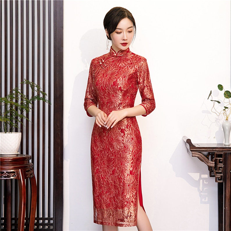 Red Canary Velvet Large Size Qipao Dress chinese Autumn and - Etsy