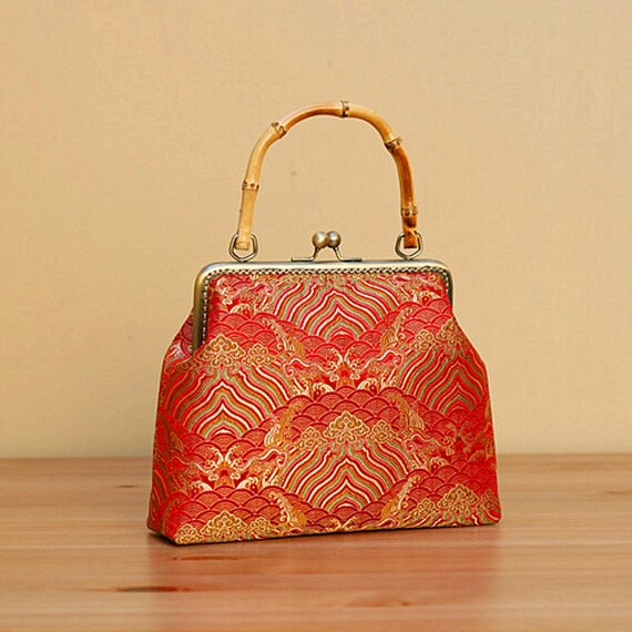 Tapestry Satin Handbag With Bamboo Handle Crossbody Bag Bridal Bag