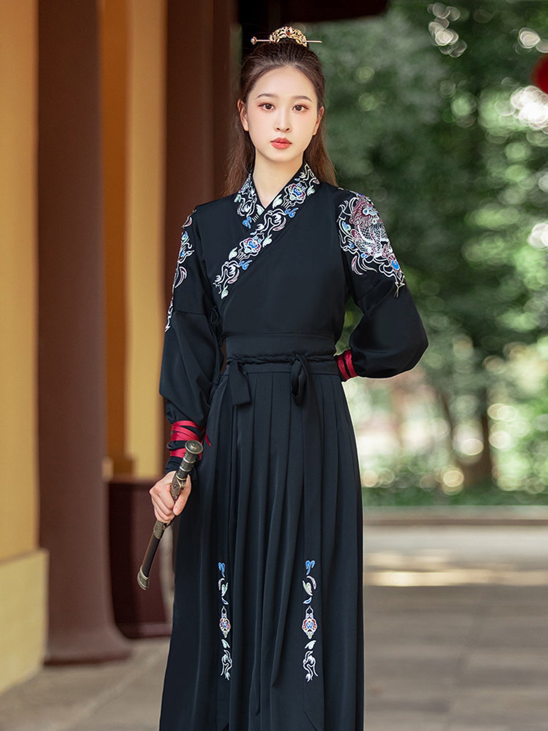 Hanfu Female Chivalrys Handsome Waist Skirt Black Wuxia Style Embroidered  Ancient Costumechinese Traditional Vintage Hanfu 