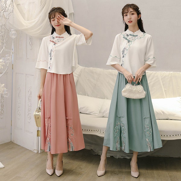 Chinese Style Dresses Beautiful Printed Two-Piece Skirt Female
