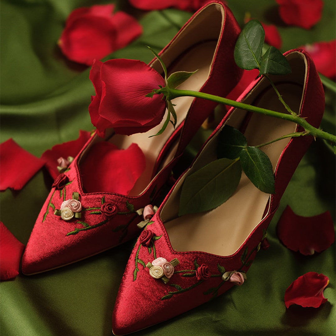 Red Rose Embroidery High Heels for Wedding/party/tea Ceremony, Oriental ...
