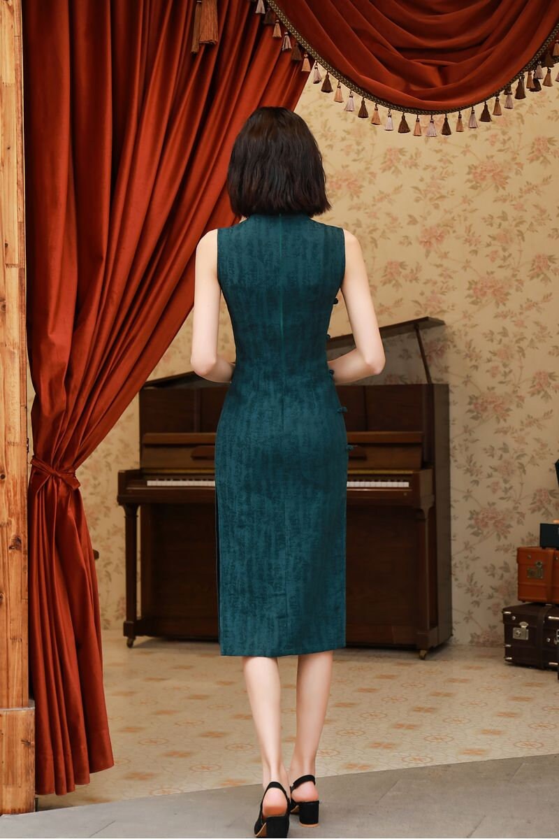 Dark Green Sleeveless Qipao Dress Madrain Collar Bodycon Etsy
