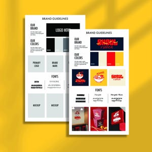 May include: Two brand guideline documents on a yellow background. The documents display the brand's logo, color palette, and font choices. One document features the text "LOGO HERE" and "OUR BRAND". The other document features the text "SIGAL Ramen".