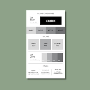 Op de afbeelding: Een wit sjabloon voor merkrichtlijnen met secties voor logoplaatsing, mock-ups, kleurenpaletten en typografie. Het document bevat koppen voor Our Brand, Logos, Our Colors en Fonts, met tijdelijke aanduidingen voor Corba, Amandine en Mark Pro lettertypes.