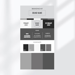May include: A branding kit template in grayscale, featuring sections for brand name, primary and secondary logos, brand mark, fonts, and a color palette. The fonts are Anton, Amandine, and Marion. The color palette includes shades of gray and black.