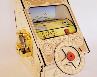 Mini Arcade Driving Game - wind up music box - tiny drive wooden laser cut construction kit