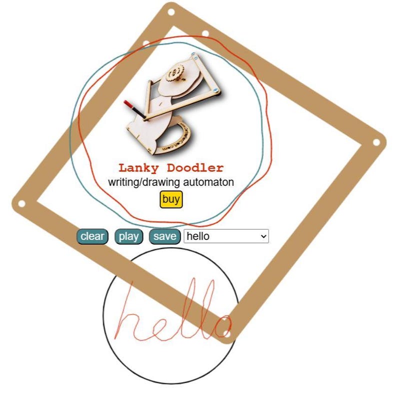 May include: A Lanky Doodler writing and drawing automaton with a wooden frame, a pencil, and a mechanical arm. The interface displays the text Lanky Doodler, writing/drawing automaton, buy, clear, play, save, and a dropdown menu with the word hello.