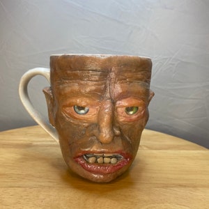 Uglymug creepy face Polymer clay face sculpture on ceramic mug. one of a kind art for home decor, collectable Unique art. image 2