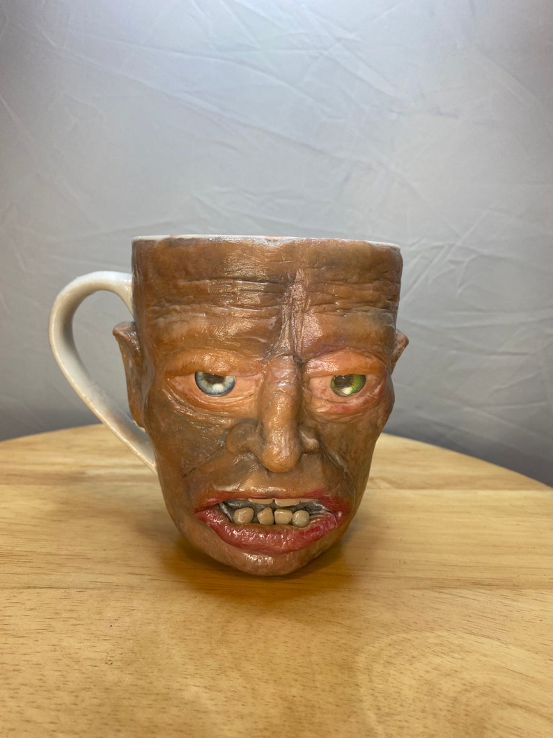 Uglymug creepy face Polymer clay face sculpture on ceramic mug. one of a kind art for home decor, collectable Unique art. image 2