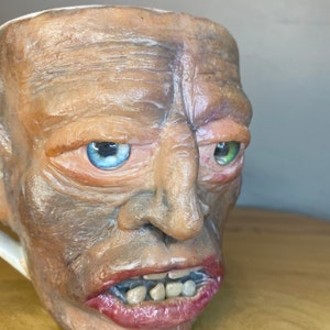 Uglymug creepy face Polymer clay face sculpture on ceramic mug. one of a kind art for home decor, collectable Unique art. image 9