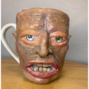 Uglymug creepy face Polymer clay face sculpture on ceramic mug. one of a kind art for home decor, collectable Unique art. image 1
